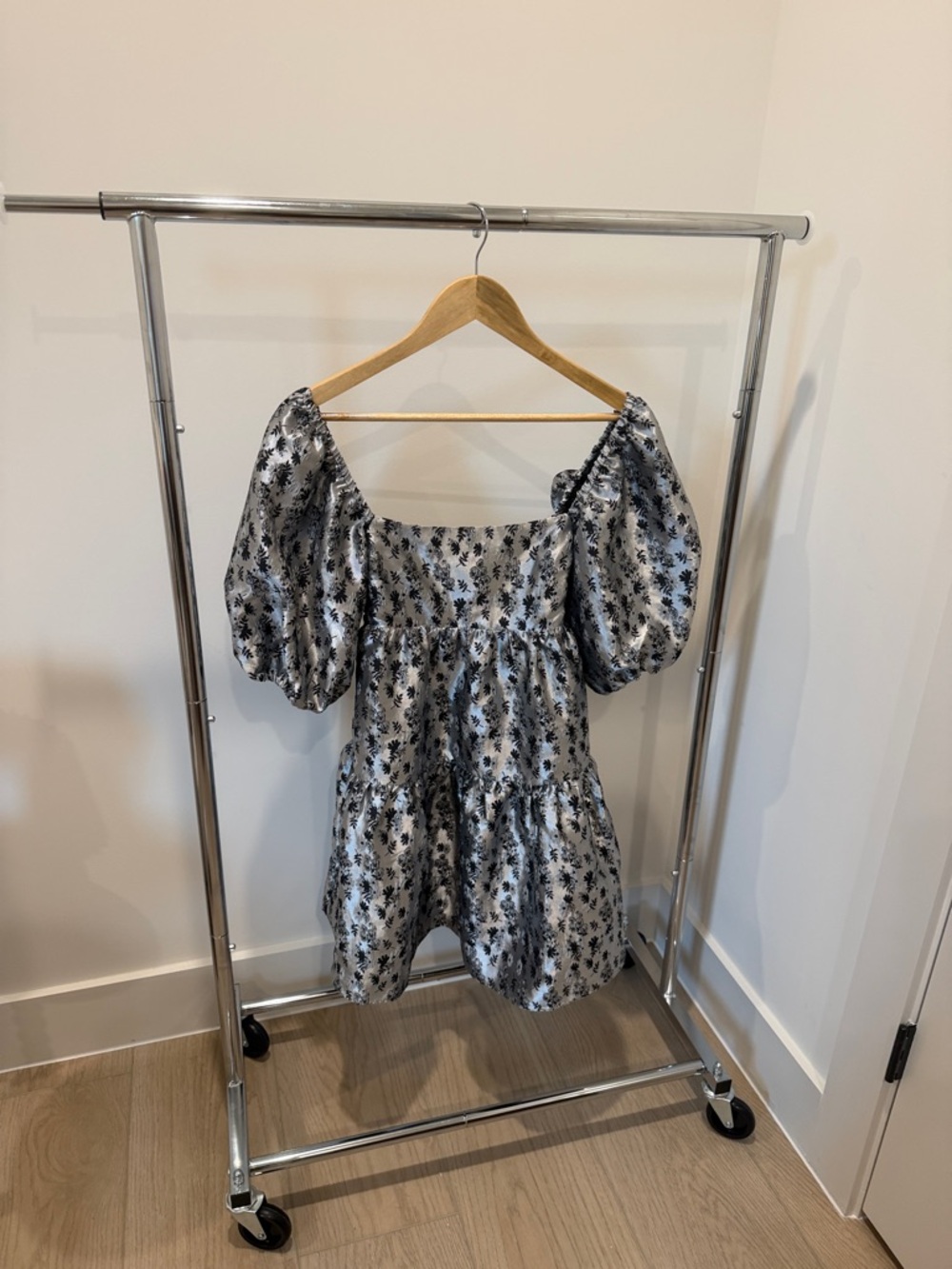 Amanda Uprichard Silver and Black Puff Sleeve Babydoll Dress - Maisie - NWT